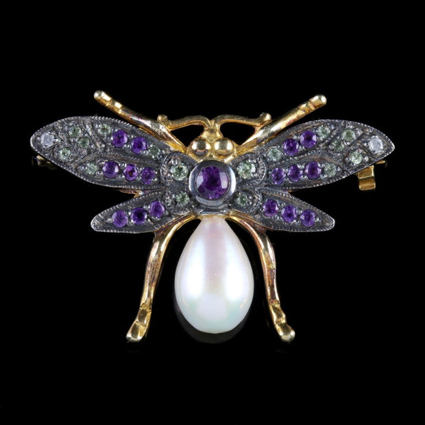 Suffragette Insect Brooch Amethyst Peridot Diamond Pearl