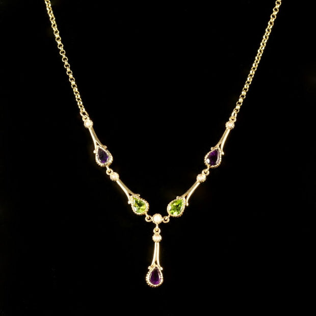SUFFRAGETTE NECKLACE AMETHYST PERIDOT PEARL 9CT GOLD