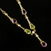 SUFFRAGETTE NECKLACE AMETHYST PERIDOT PEARL 9CT GOLD