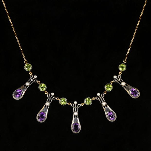 Suffragette Necklace Peridot Amethyst Dropper 9Ct Gold
