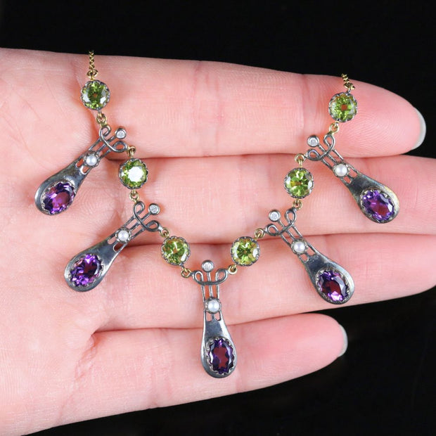 Suffragette Necklace Peridot Amethyst Dropper 9Ct Gold