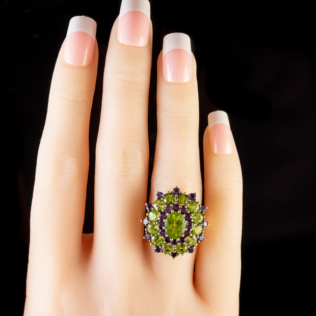Suffragette Peridot Amethyst Cluster Ring 9Ct Yellow Gold