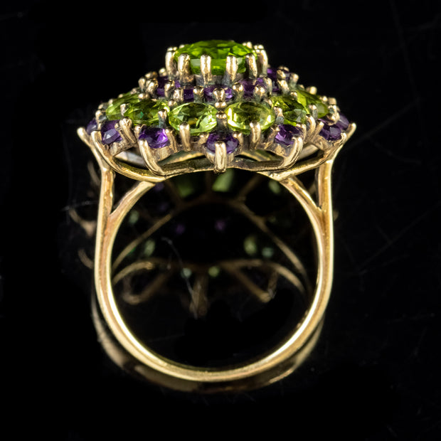 Suffragette Peridot Amethyst Cluster Ring 9Ct Yellow Gold