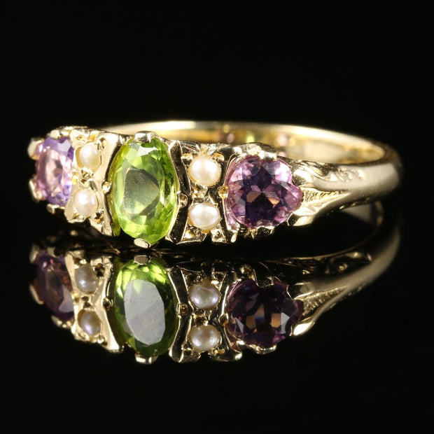 Suffragette Ring Peridot Amethyst Pearl 9Ct Gold