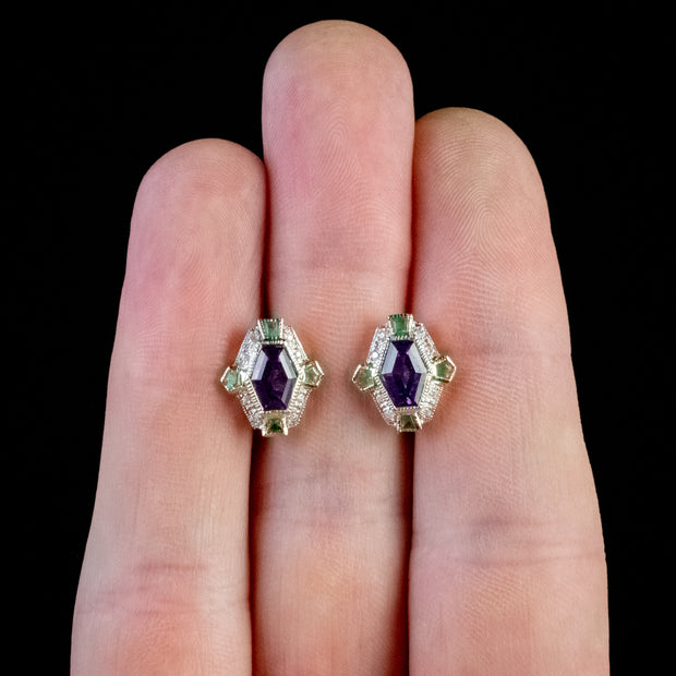 Suffragette Stud Earrings Amethyst Emerald Diamond 9Ct Gold