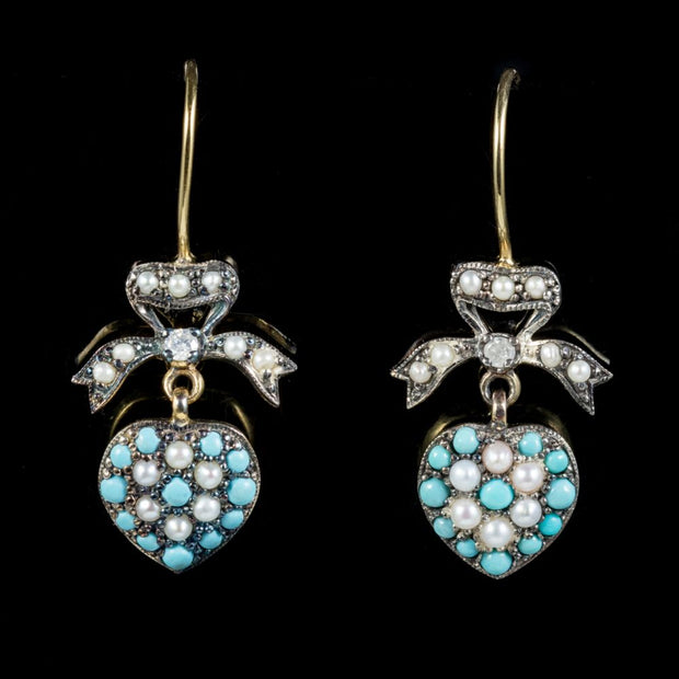 Turquoise Pearl Heart Earrings 9Ct Gold Silver