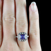 Art Deco Style Tanzanite Diamond Ring 18Ct White Gold 1.70Ct Tanzanite