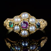 Antique Georgian Emerald Garnet Pearl Ring 18Ct Gold Circa 1800