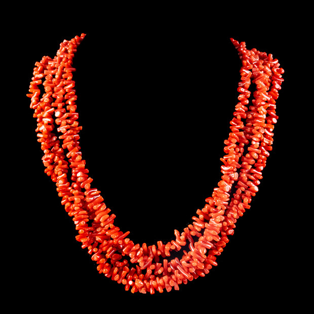 Triple Strand Coral Necklace Cz Sterling Silver Clasp