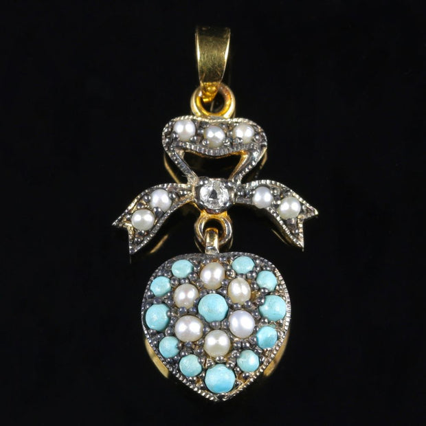 Turquoise Pearl Diamond Heart Pendant 9Ct Gold And Silver