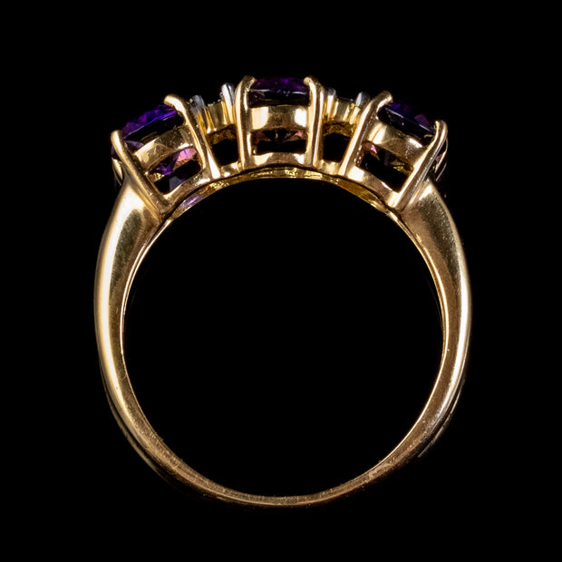 Victorian Style Amethyst Diamond Trilogy Ring 18ct Gold 2.40ct Of Amethyst