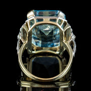 Art Deco Style Aquamarine Diamond Cocktail Ring 14ct Gold 14.50ct Scissor Cut Aqua