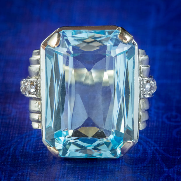 Vintage Aquamarine Diamond Cocktail Ring 14ct Gold 14.50ct Scissor Cut Aqua