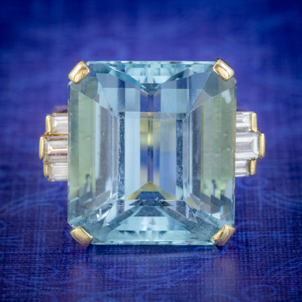 Vintage Aquamarine Diamond Cocktail Ring 18ct Gold 28ct Emerald Cut Aqua