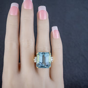 Art Deco Style Aquamarine Diamond Cocktail Ring 18ct Gold 28ct Emerald Cut Aqua