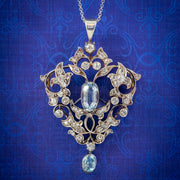 Vintage Aquamarine Diamond Pendant Necklace 3ct Aqua 2.30ct Diamonds 9ct Gold Circa 1950