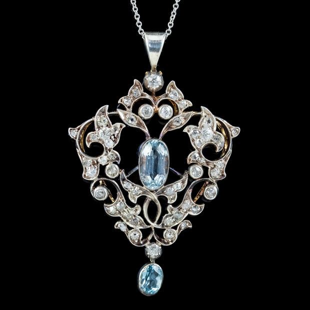 Vintage Aquamarine Diamond Pendant Necklace 3ct Aqua 9ct Gold