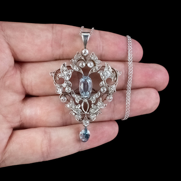 Vintage Aquamarine Diamond Pendant Necklace 3ct Aqua 9ct Gold