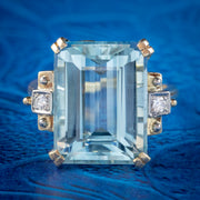 VINTAGE AQUAMARINE DIAMOND RING 14CT GOLD 12CT EMERALD CUT AQUA COVER