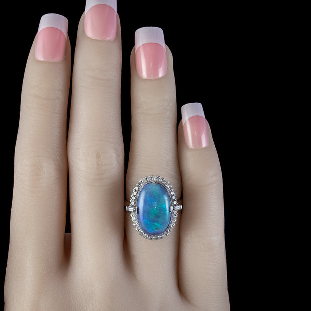 Art Deco Style Black Opal Diamond Ring Platinum 7ct Opal