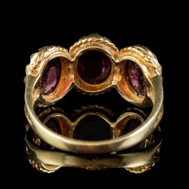 Vintage Cabochon Garnet Trilogy Ring 9ct Gold 5.20ct Of Garnet
