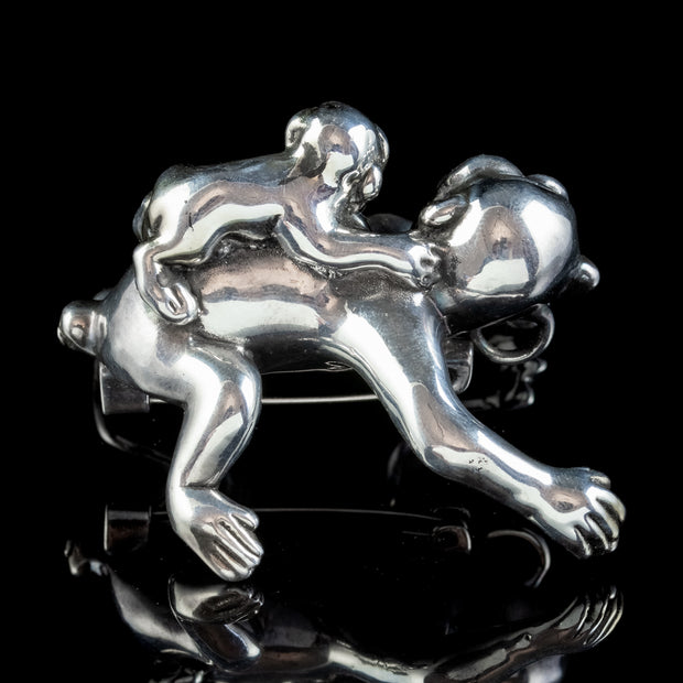 Victorian Style Chimpanzee And Baby Brooch Sterling Silver