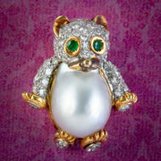 Vintage Diamond Pearl Bear Pendant Brooch 18ct Gold Emerald Eyes 2ct Of Diamond