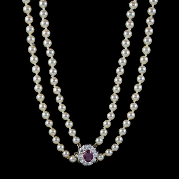 Art Deco Double Pearl Necklace Ruby Diamond 18ct Gold Clasp With Cert