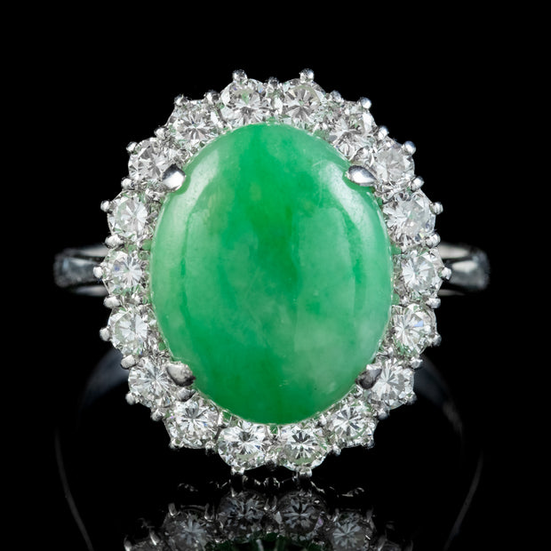 Vintage Jade Diamond Cluster Ring 18ct White Gold 8ct Jade 1.50ct Of Diamond