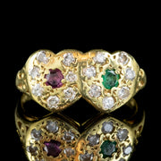 Vintage Ruby Emerald Diamond Double Heart Ring 18ct Gold Dated 1979