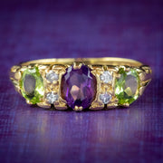 Vintage Suffragette Ring 18ct Gold Amethyst Peridot Diamond Dated 1970