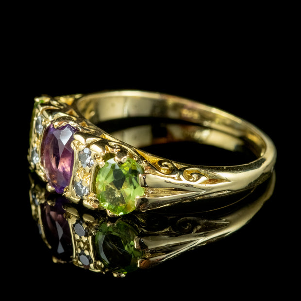 Vintage Suffragette Ring 18ct Gold Amethyst Peridot Diamond Dated 1970
