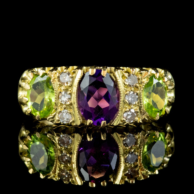 Vintage Suffragette Ring Amethyst Peridot Diamond 18ct Gold Dated 1963
