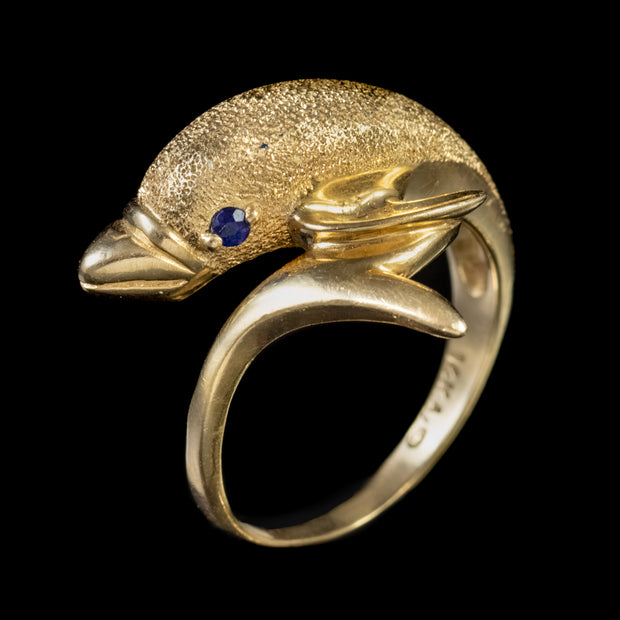 Vintage 14Ct Gold Dolphin Ring Sapphire Eyes