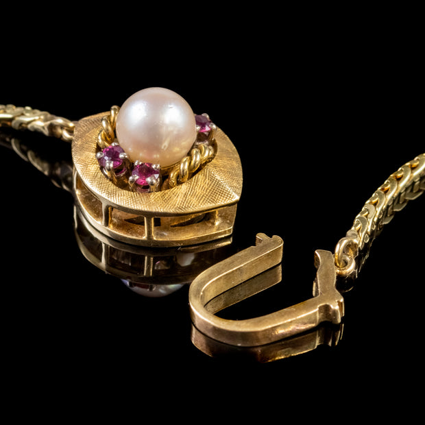 Vintage 14Ct Gold Ball Chain Necklace Pearl Ruby Clasp Circa 1960