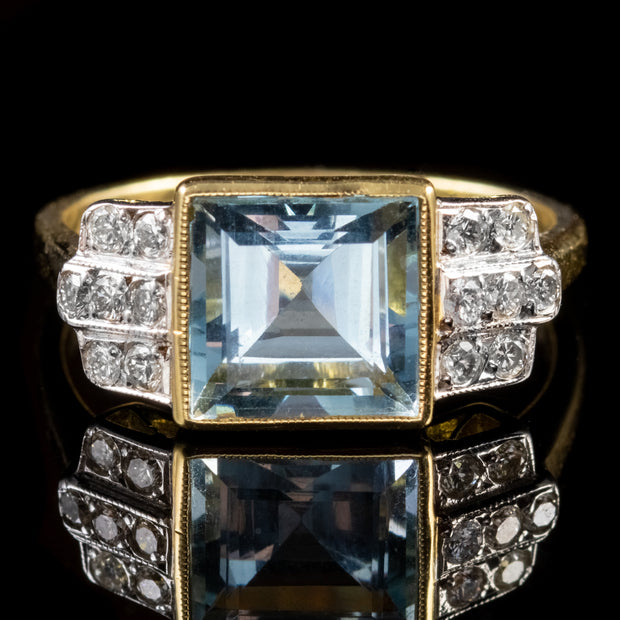 Vintage 2.50Ct Aquamarine Diamond Ring 18Ct Yellow Gold