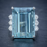Vintage Aquamarine Diamond Cocktail Ring Platinum 20Ct Emerald Cut Aqua