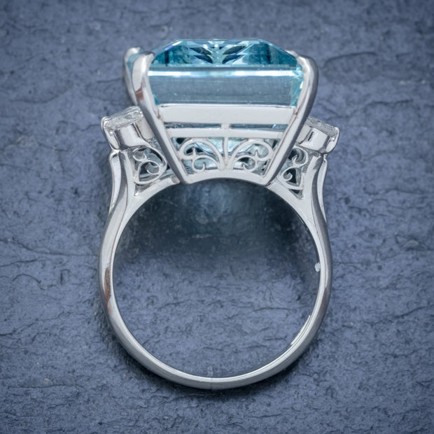 Vintage Aquamarine Diamond Cocktail Ring Platinum 20Ct Emerald Cut Aqua