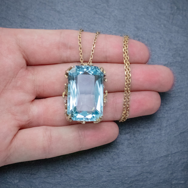 Vintage Aquamarine Diamond Pendant Necklace 18Ct Gold 42Ct Scissor Cut Aqua