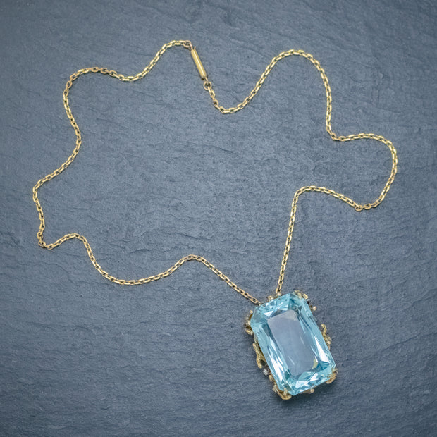Vintage Aquamarine Diamond Pendant Necklace 18Ct Gold 42Ct Scissor Cut Aqua