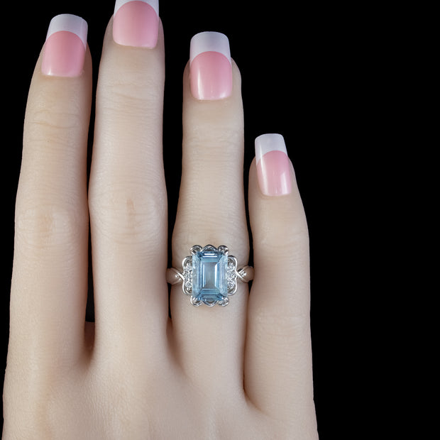 Vintage Aquamarine Diamond Ring Platinum 4.30Ct Emerald Cut Aqua