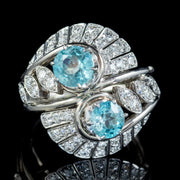 Vintage Blue Zircon Diamond Cocktail Ring 18Ct White Gold Circa 1950