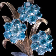 Vintage Blue Zircon Diamond Flower Spray Brooch 9Ct Gold 9.45Ct Zircons Dated 1950