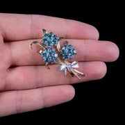 Vintage Blue Zircon Diamond Flower Spray Brooch 9Ct Gold 9.45Ct Zircons Dated 1950