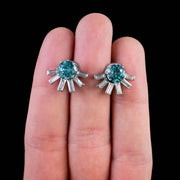Art Deco Style Blue Zircon Diamond Stud Earrings 18ct Gold
