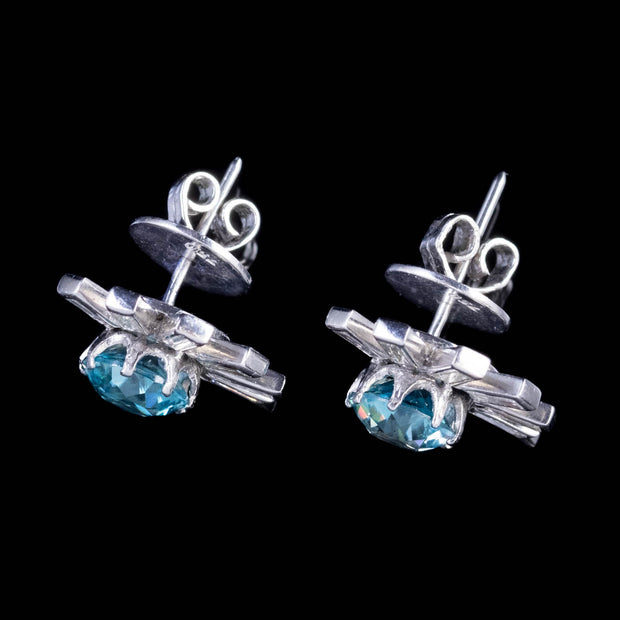 Art Deco Style Blue Zircon Diamond Stud Earrings 18ct Gold