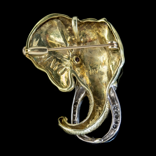 Vintage Diamond Ruby Shawu Elephant Brooch 15Ct Gold Circa 1980