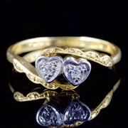 Vintage Double Heart Diamond Ring 18Ct Gold 1971