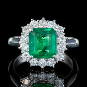 Vintage Emerald Diamond Cluster Ring Platinum 2.85Ct Emerald 0.85Ct Of Diamond