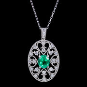 Vintage Emerald Diamond Pendant Necklace 18Ct White Gold